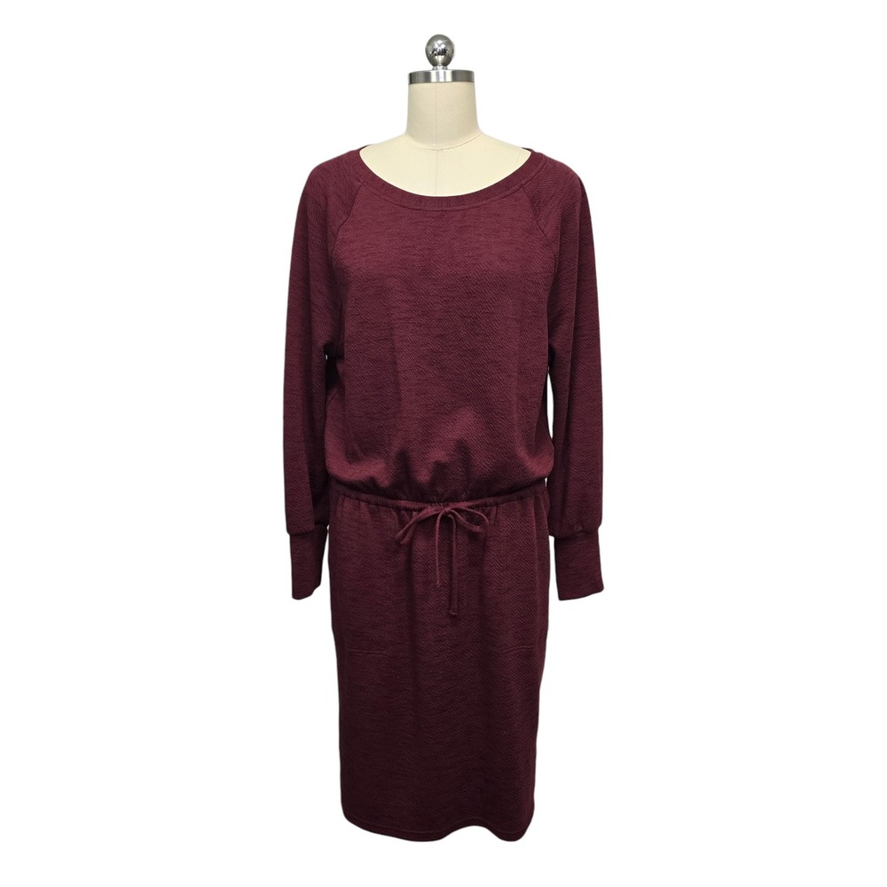 prAna Burgundy Textured Drawstring Waist Long Sleeve Sweatshirt Dress Size L